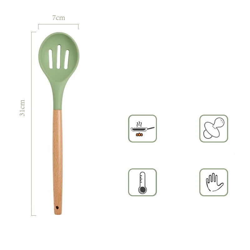 Avocado Green Silicone Utensils Cooking Kitchenware Wooden Handle