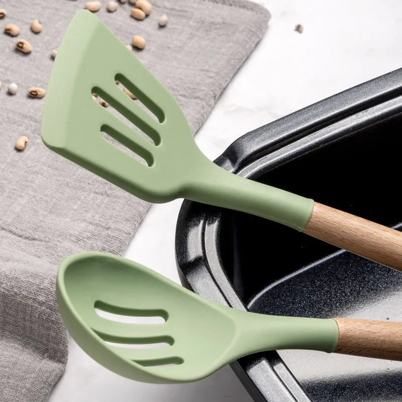 Avocado Green Silicone Utensils Cooking Kitchenware Wooden Handle