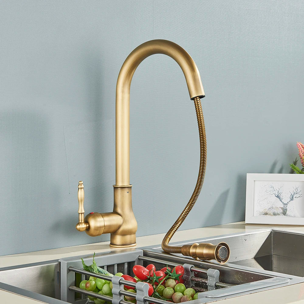Antique Brass Sink Faucet Pull Down Swivel Spout