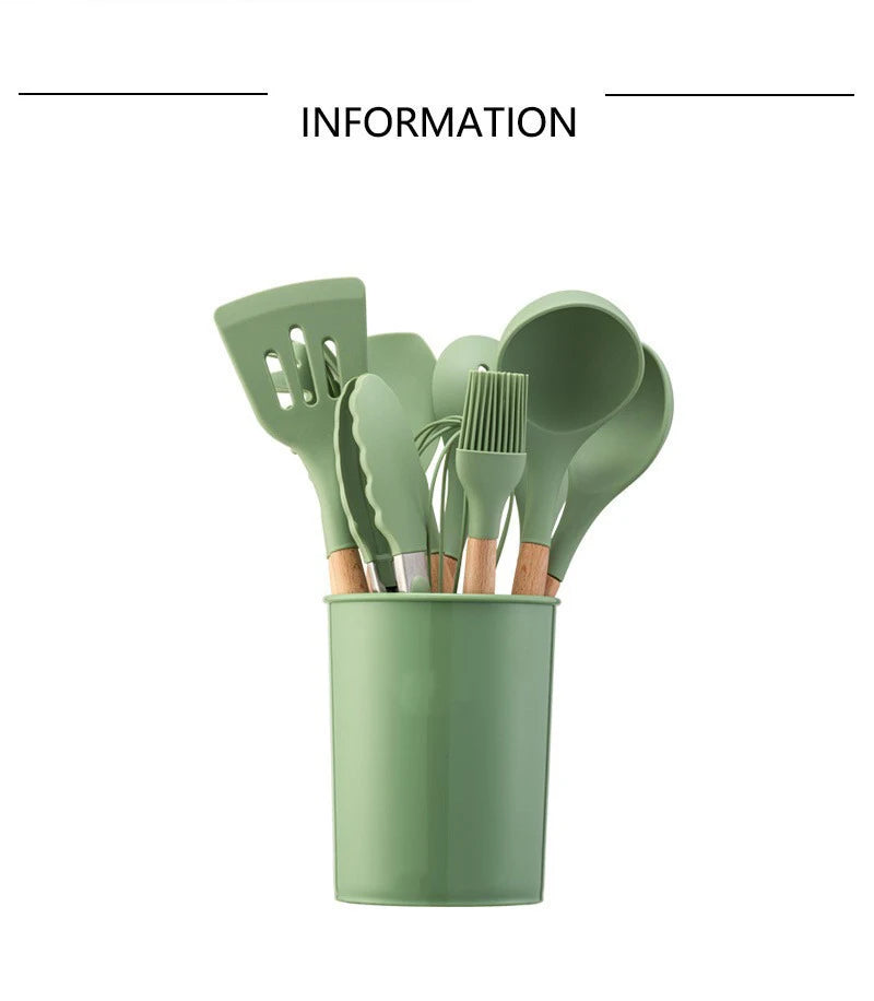 Avocado Green Silicone Utensils Cooking Kitchenware Wooden Handle