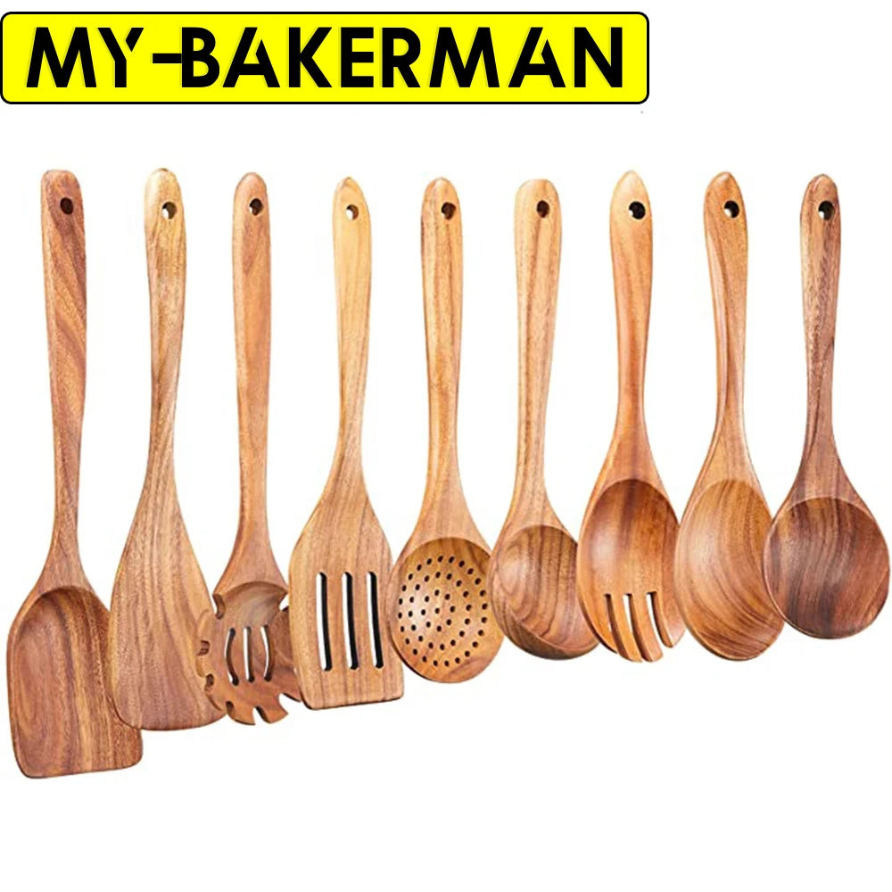 1-9pcs/Set Wooden Utensils Wooden Spoons Cooking Utensils Natural