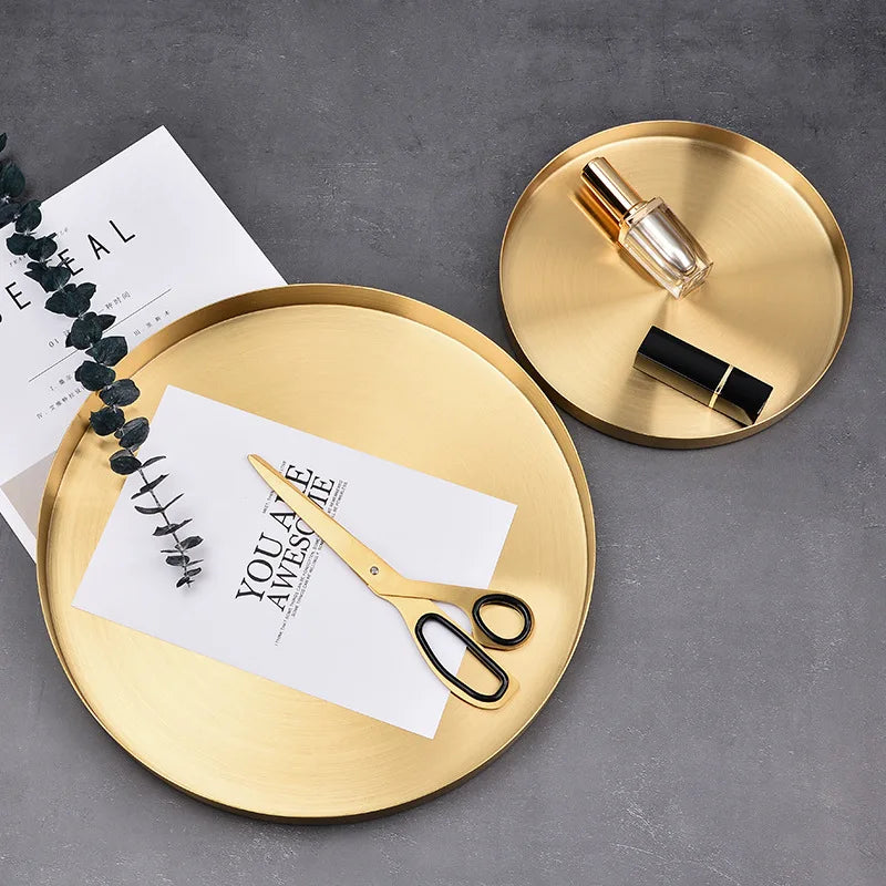 Decor Golden Storage Tray Round Jewelry Desktop Display