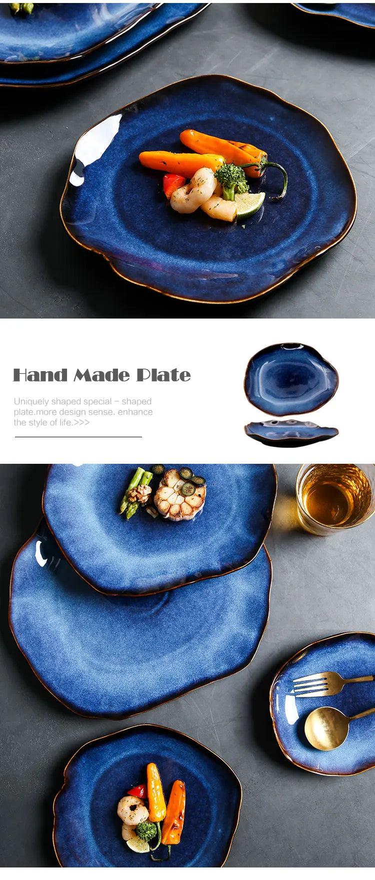 Ceramic Plates Deep Blue Irregular Flat Plate Pottery