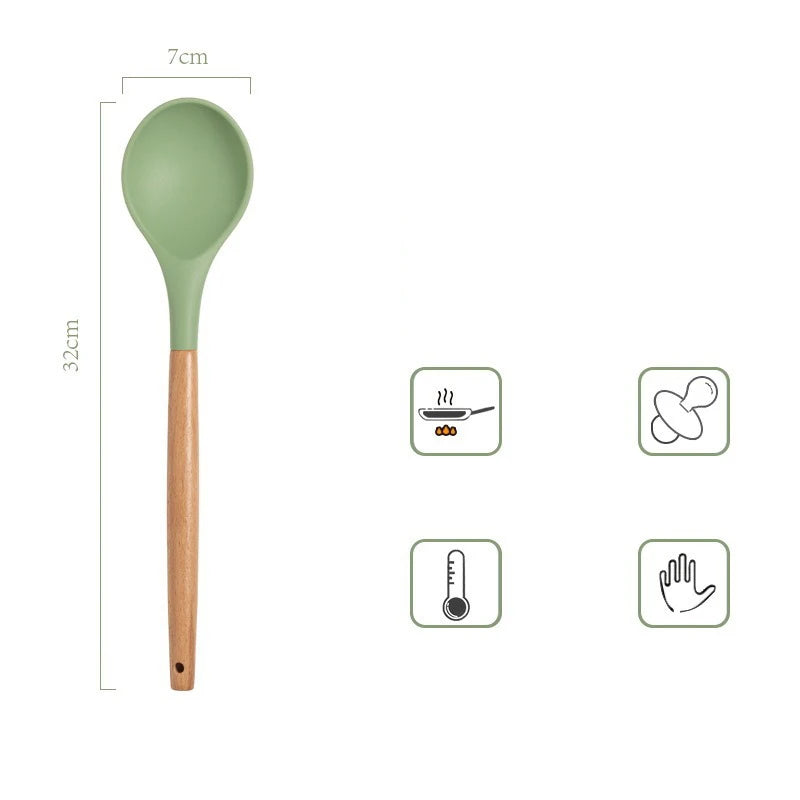 Avocado Green Silicone Utensils Cooking Kitchenware Wooden Handle
