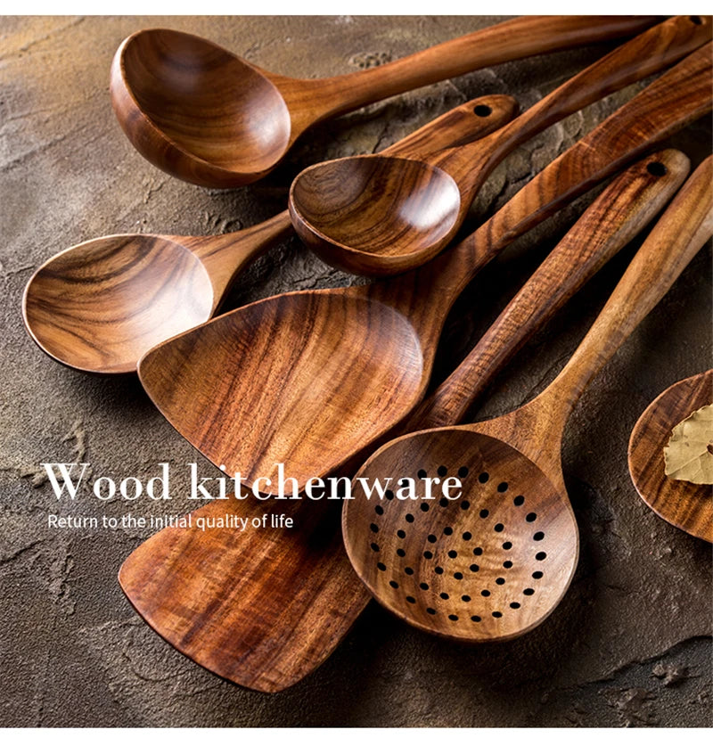 1-9pcs/Set Wooden Utensils Wooden Spoons Cooking Utensils Natural