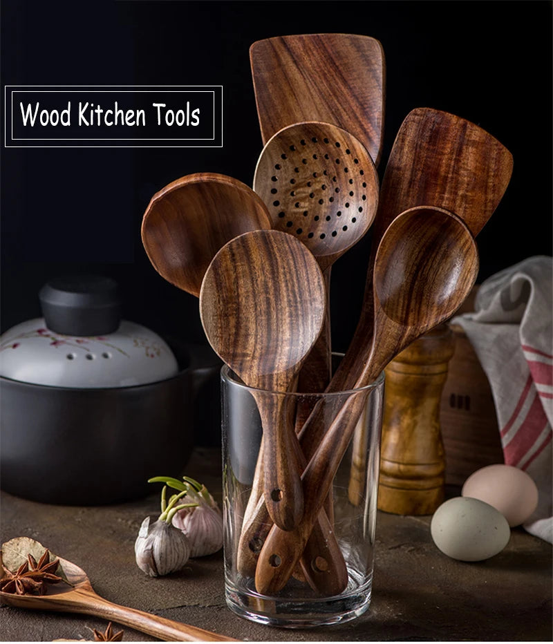 1-9pcs/Set Wooden Utensils Wooden Spoons Cooking Utensils Natural