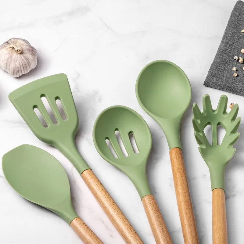 Avocado Green Silicone Utensils Cooking Kitchenware Wooden Handle