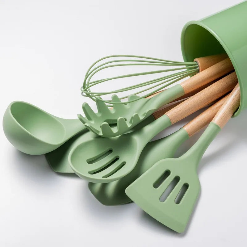 Avocado Green Silicone Utensils Cooking Kitchenware Wooden Handle