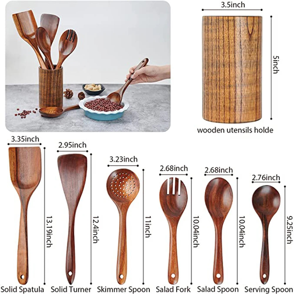 1-9pcs/Set Wooden Utensils Wooden Spoons Cooking Utensils Natural