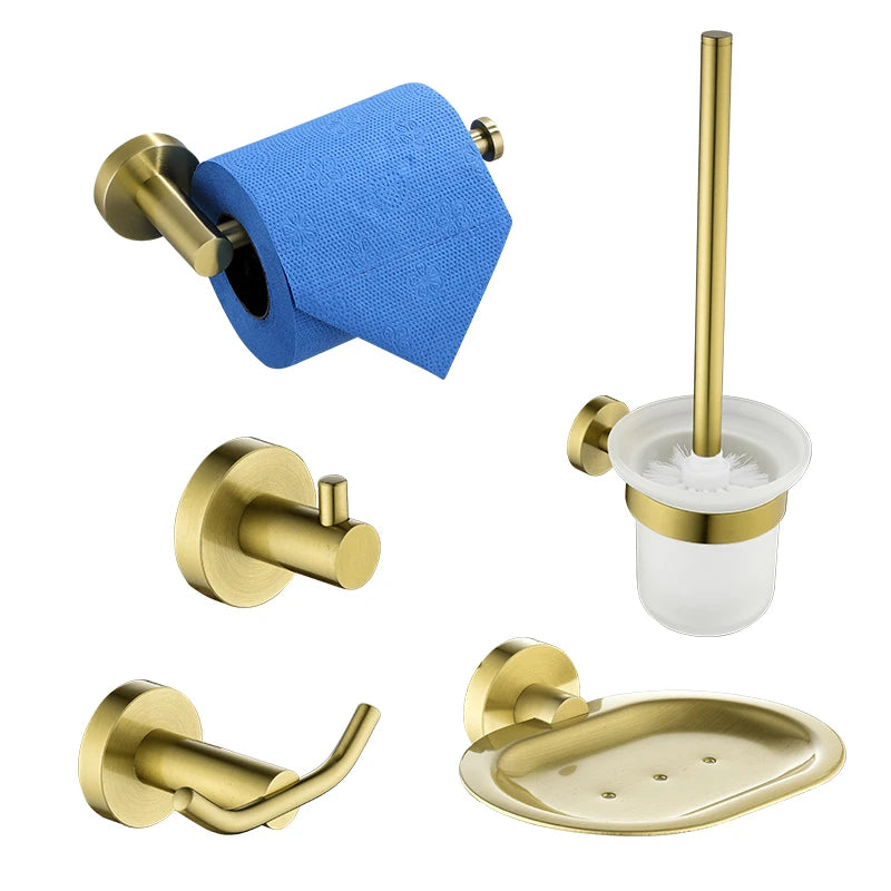 Brushed Gold Bathroom Towel Rack Toilet Brush Roll