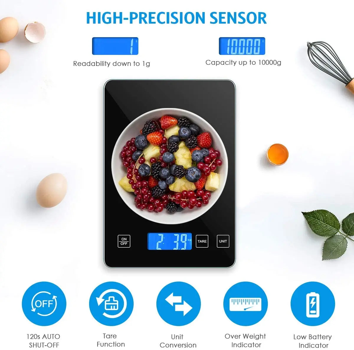 Digital Scale 1g-10kg Food Scale Waterproof Tempered Glass