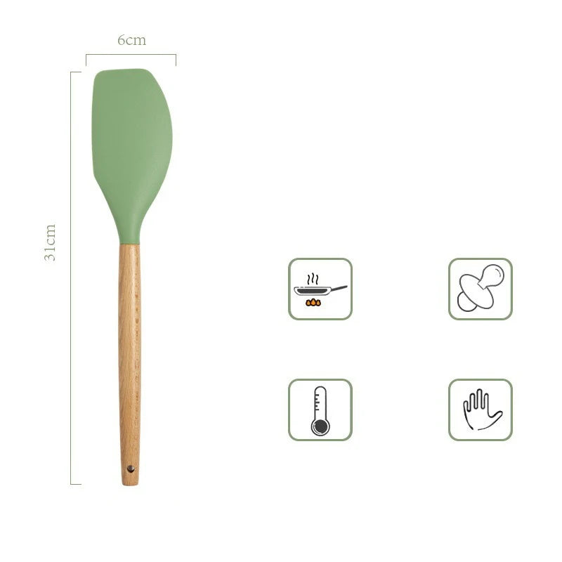 Avocado Green Silicone Utensils Cooking Kitchenware Wooden Handle