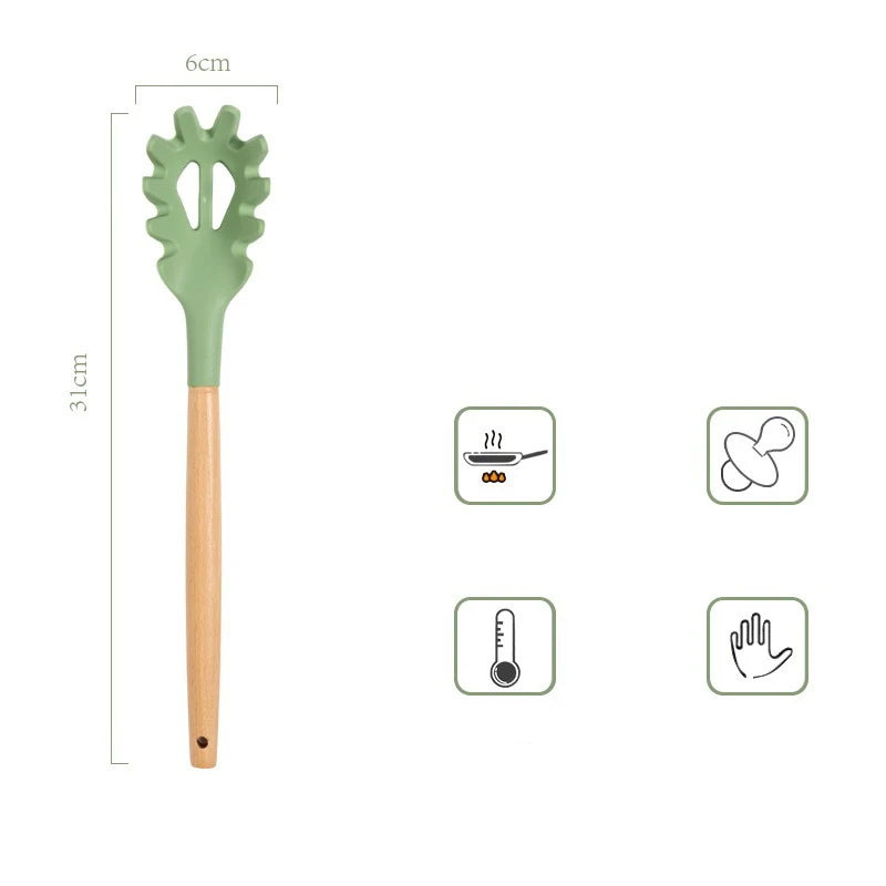 Avocado Green Silicone Utensils Cooking Kitchenware Wooden Handle