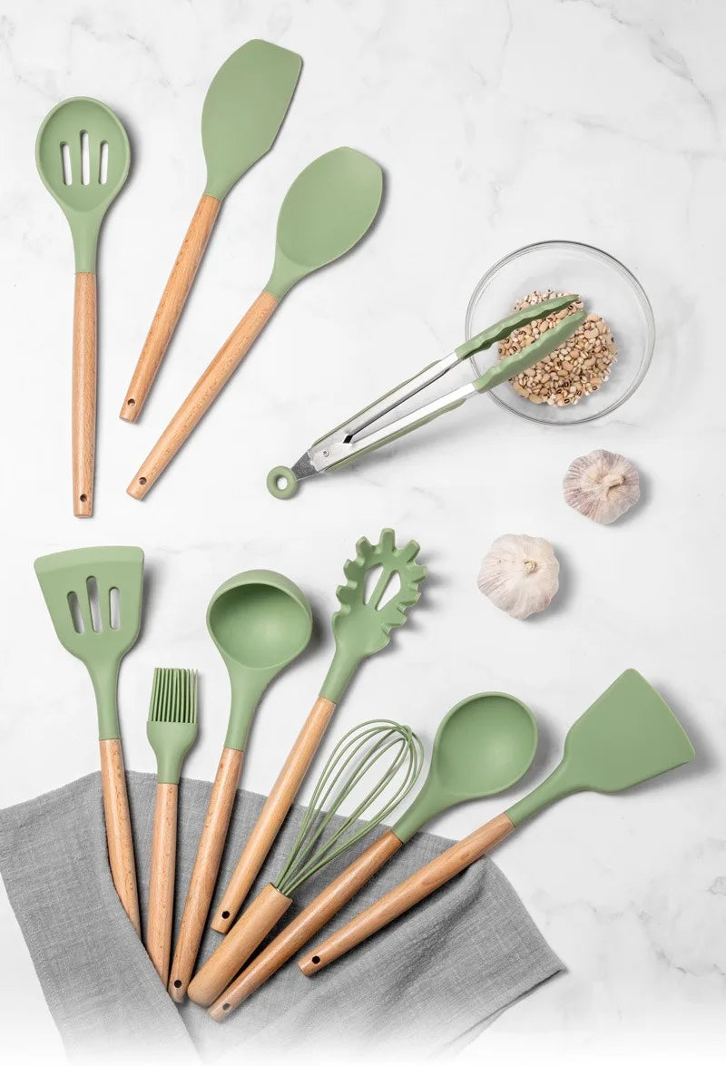 Avocado Green Silicone Utensils Cooking Kitchenware Wooden Handle