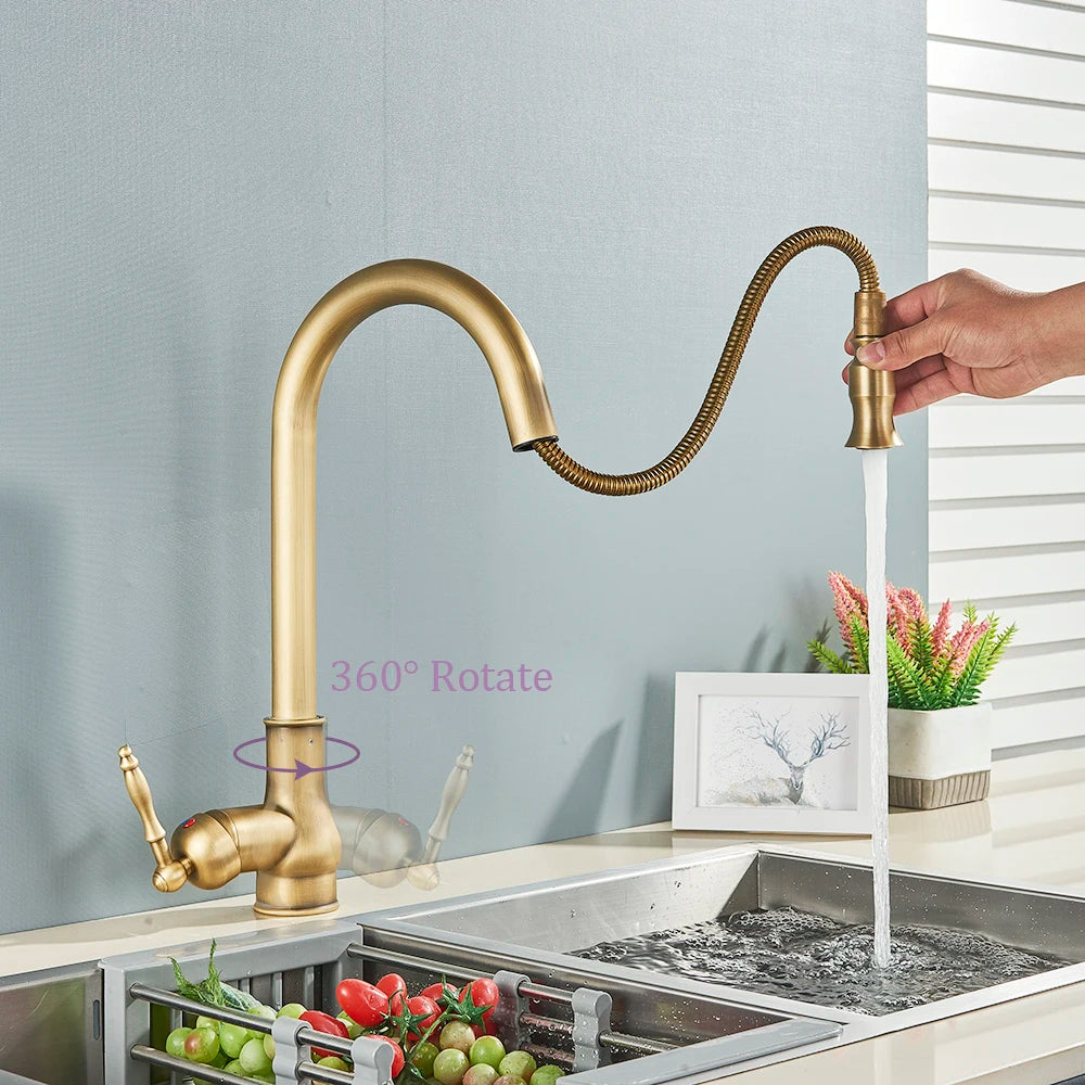 Antique Brass Sink Faucet Pull Down Swivel Spout