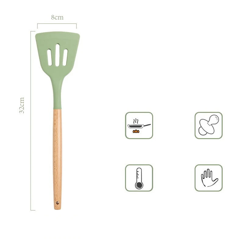 Avocado Green Silicone Utensils Cooking Kitchenware Wooden Handle