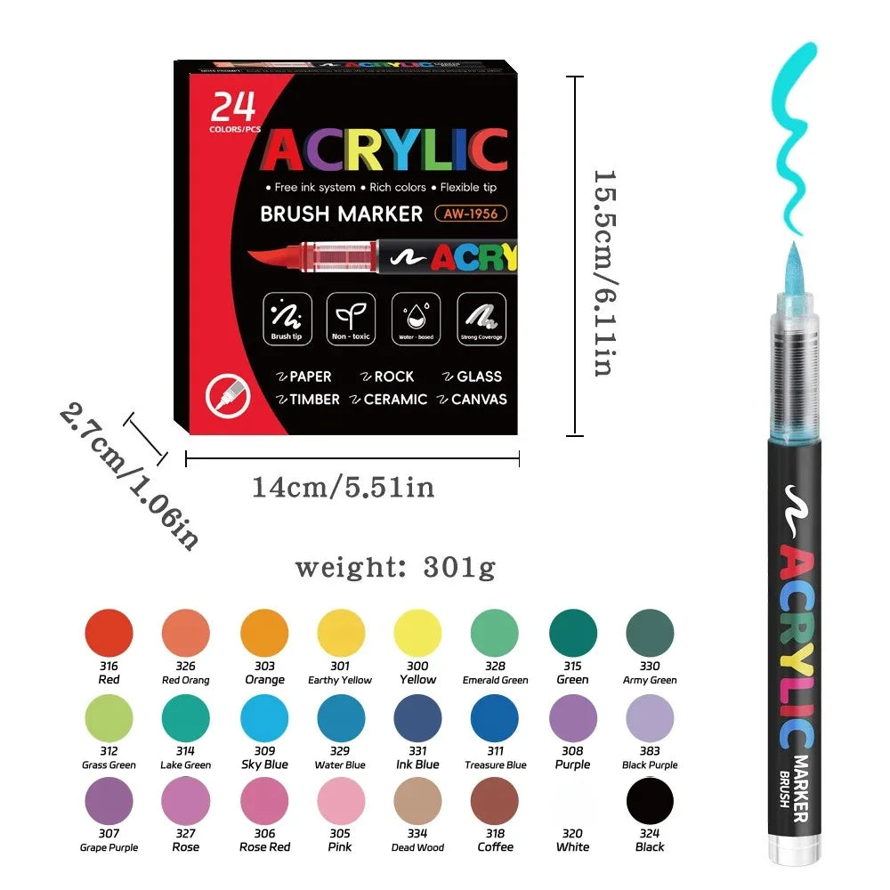 12/168/288 Colors Acrylic Paint Pen Marker Brush Tip