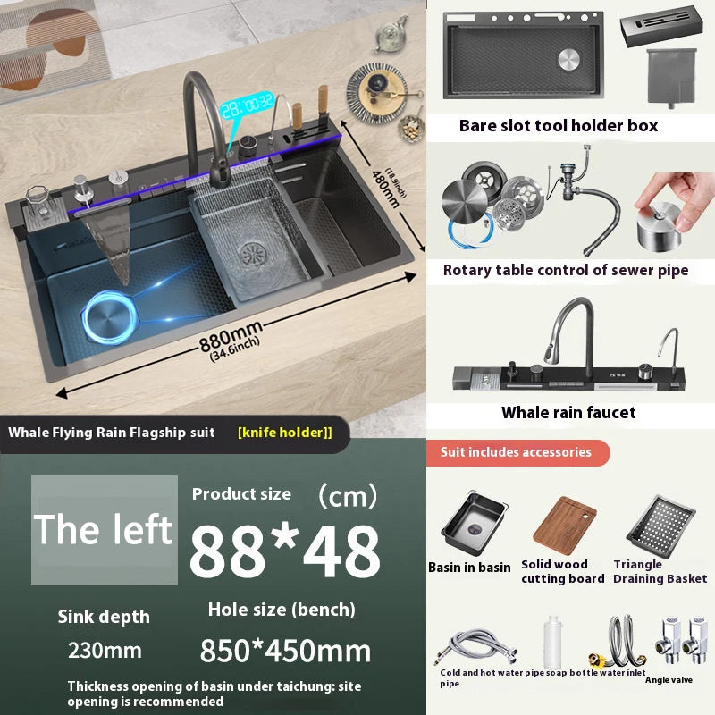 Waterfall Stainless Steel Sink Digital Display Faucet Wash