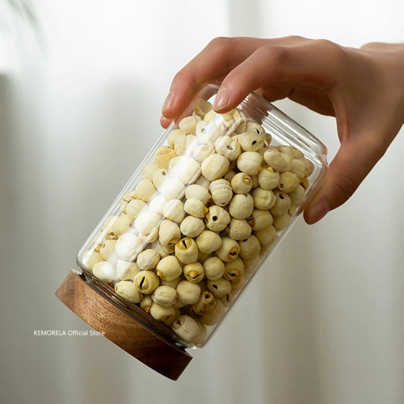 Wood Lid Glass Airtight Canister Storage Bottles Jars
