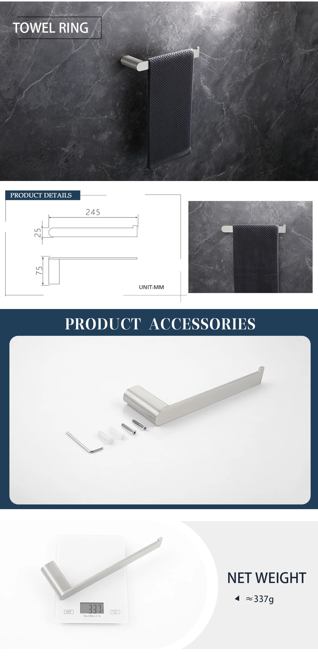 Brushed Towel Ring Holder Bar Rack Brush/Paper Holder