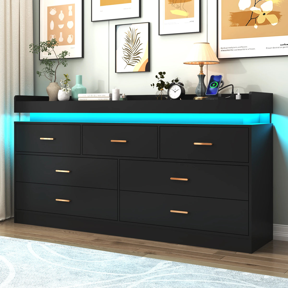 Drawer Dresser Led Light Charging Station Modern Chest