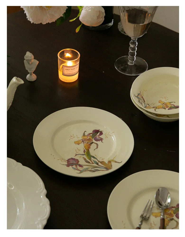 Ceramic Dinner Plate French Iris Dessert Bowl Dishes
