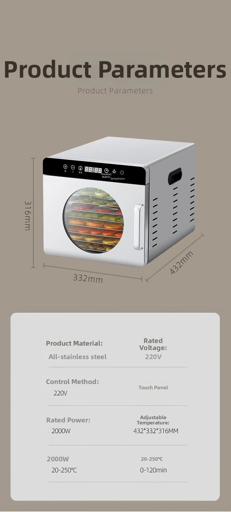 8-Layer Commercial Food Dehydrator Stainless Steel Electric Dryer