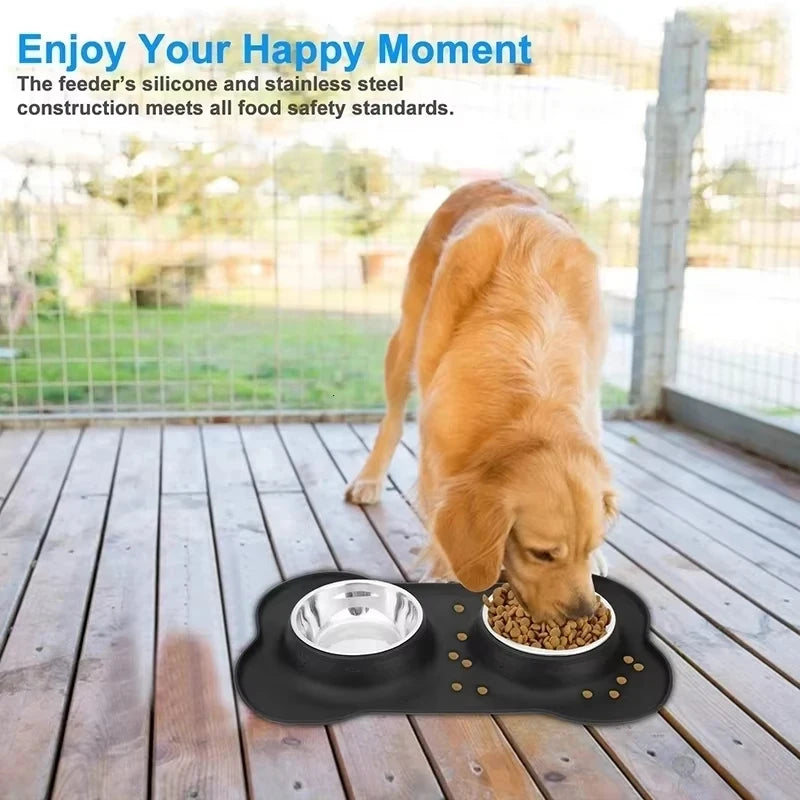 Antislip Double Dog Bowl Silicone Mat Durable Stainless