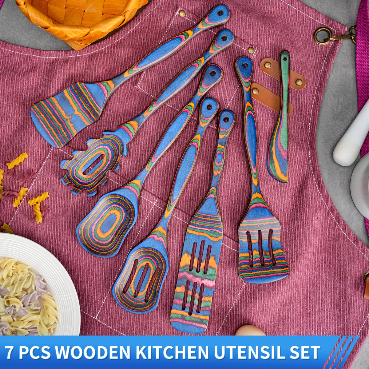 7pcs Blue Pakkawood Wooden Cooking Utensils Wooden Spoons