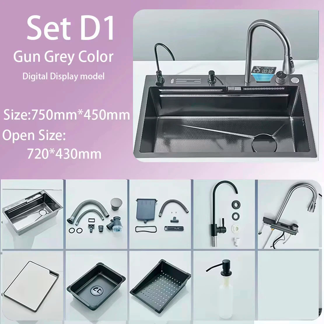 Stainless Steel Waterfall Sink Digital Display Large Sink