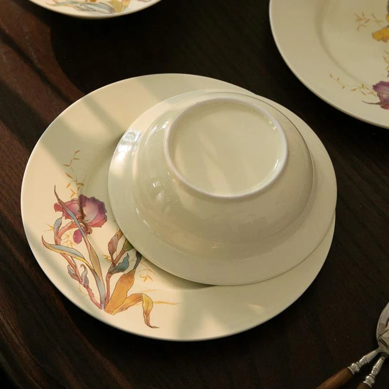 Ceramic Dinner Plate French Iris Dessert Bowl Dishes