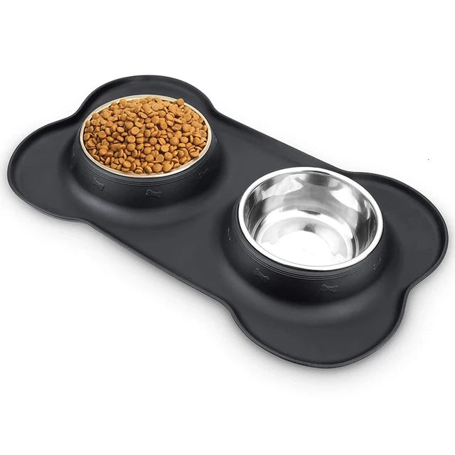 Antislip Double Dog Bowl Silicone Mat Durable Stainless