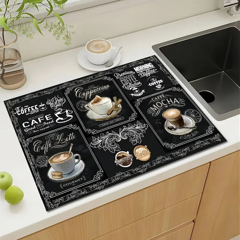 Creative Coffee Print Drying Mat Soft Rubber Non-Slip