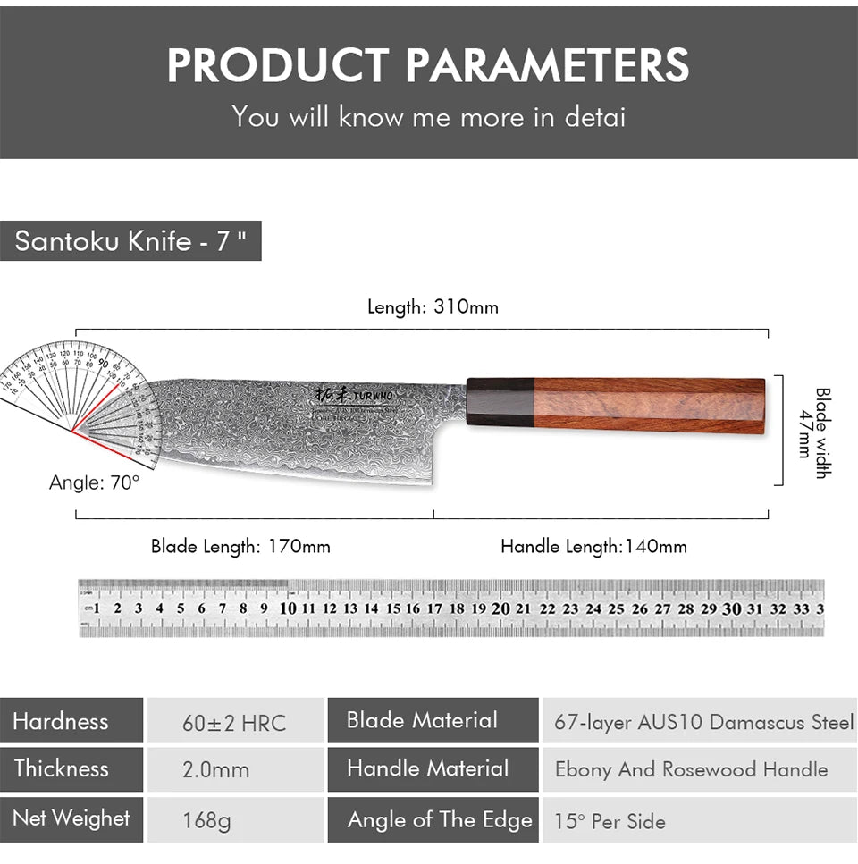 Turwho Santoku Knife Damascus Steel Chef Knives Sharp