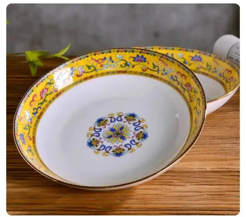 Gold Border Enamel Deep Plate Chinese Bone China