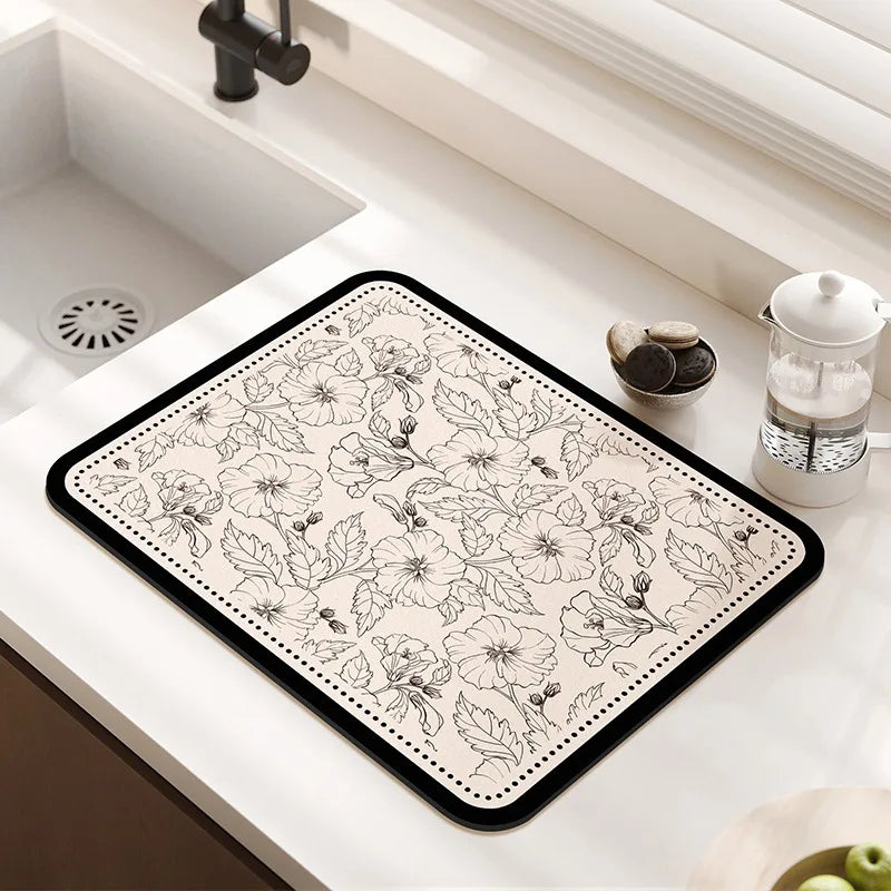 Counter Drying Mat Floral Pattern Printed Diatomaceous Earth