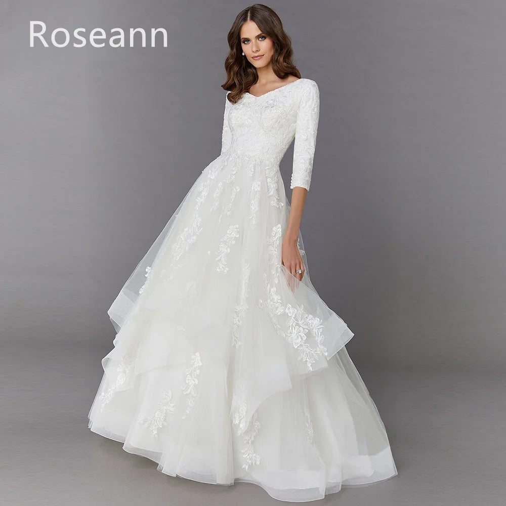 Customized Muslim Exquisite A-Line Wedding Dresses V-Neck