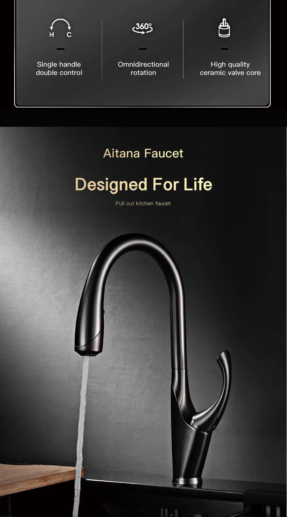 High End Touch Black Faucet Brass Pull Out