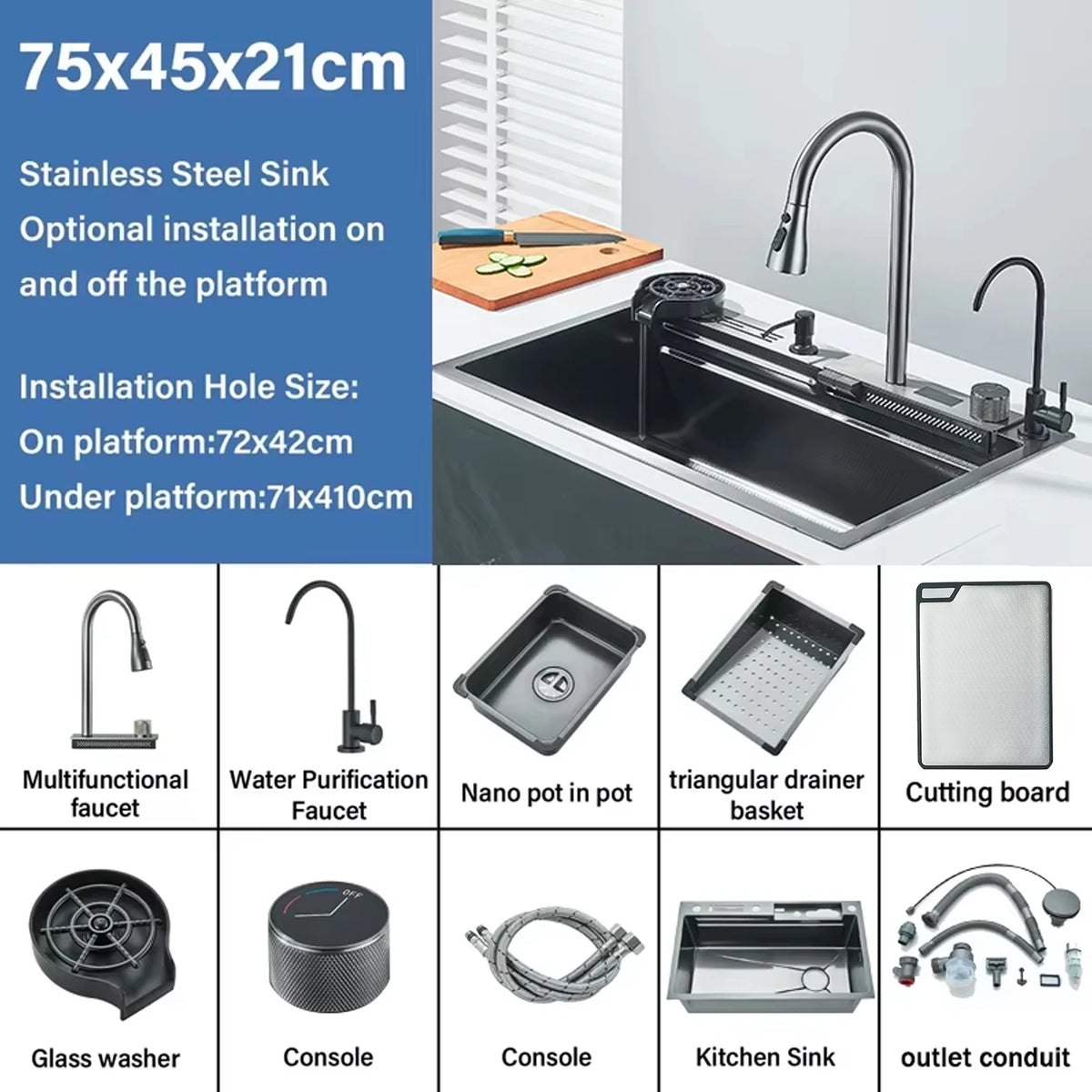 Stainless Steel Waterfall Sink Large Slot Integrated Faucet