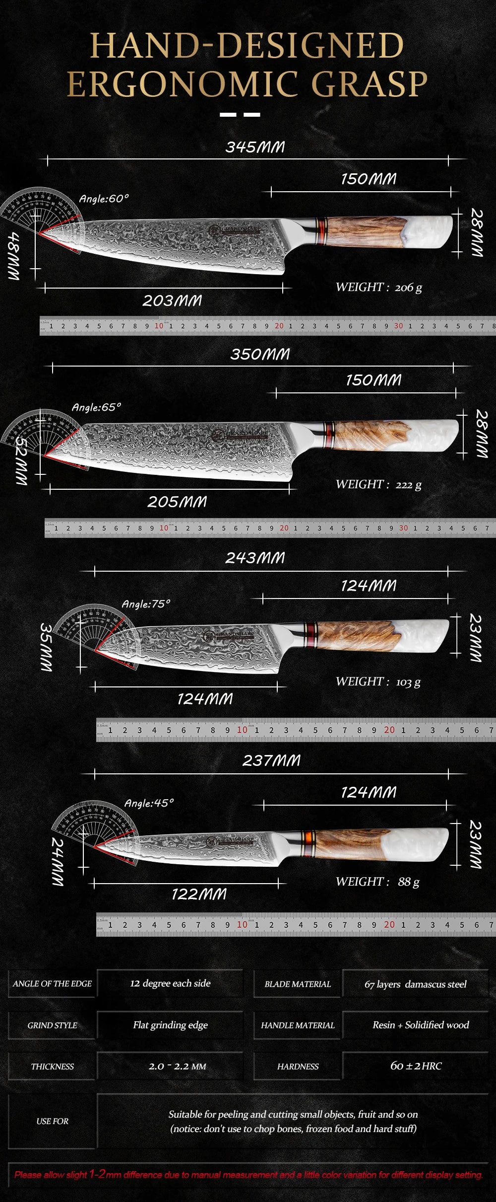 Grandsharp 1-4 Pieces Knife Damascus Steel 10cr15c0mov Steel