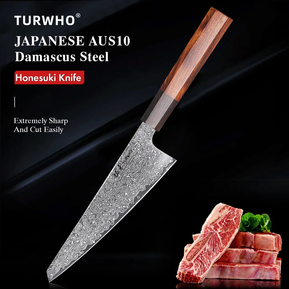 Turwho Japanese Hand Forged Honesuki Chef Knife Damascus