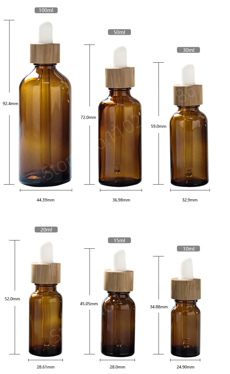 5ml-100ml Dropper Bottle Bamboo Wood Lid Brown Glass