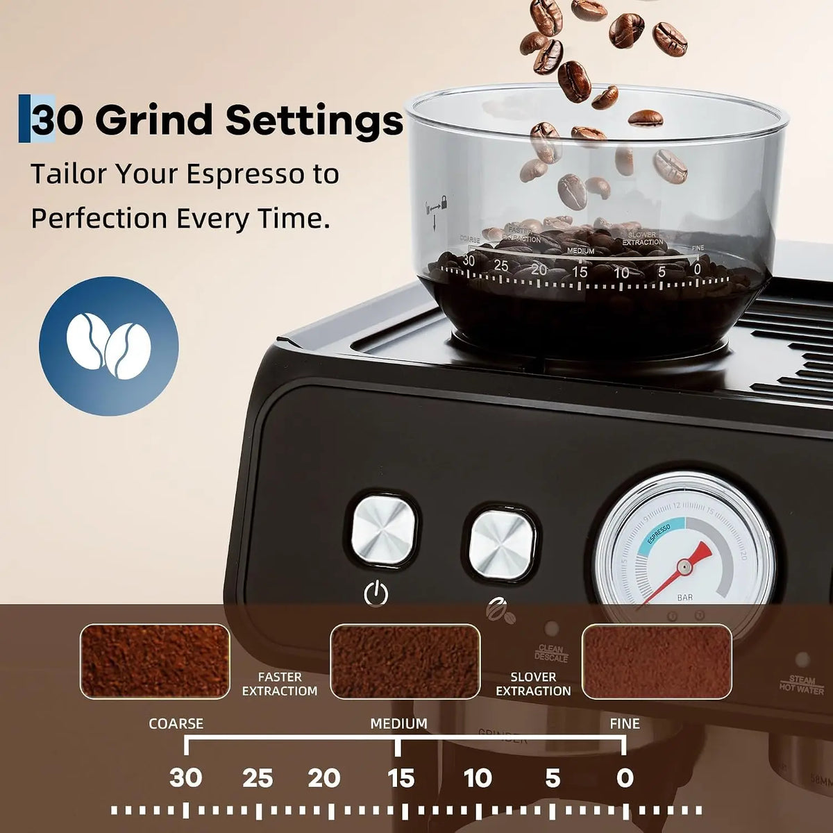 Espresso Machine Grinder 20 Bar Stainless Steel Pressure