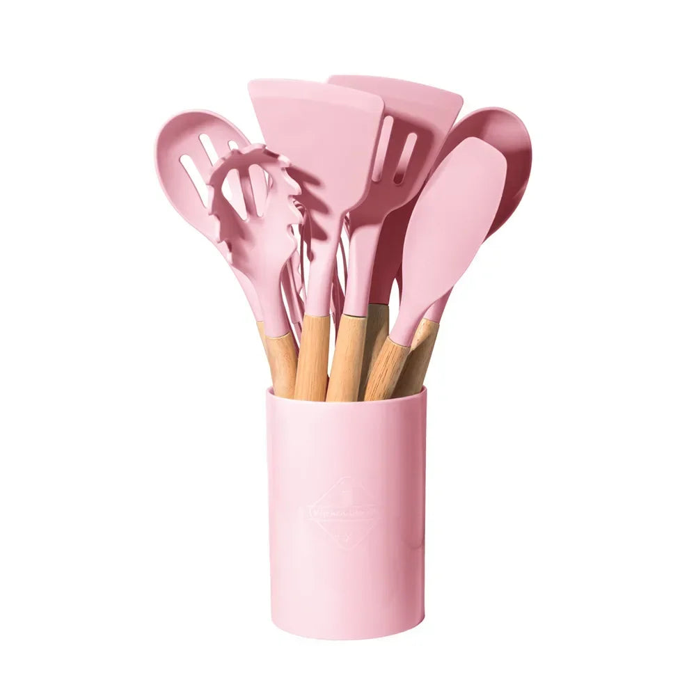 12pcs Of Multi-Color Silicone Wooden Handle Kitchenware Non