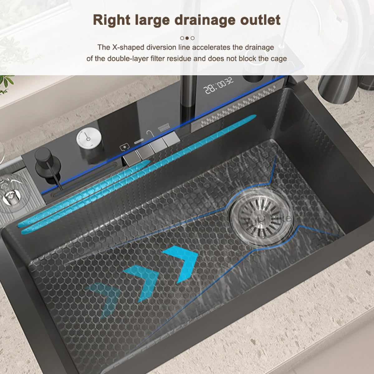 Stainless Steel Sink Digital Display Waterfall Large Slot