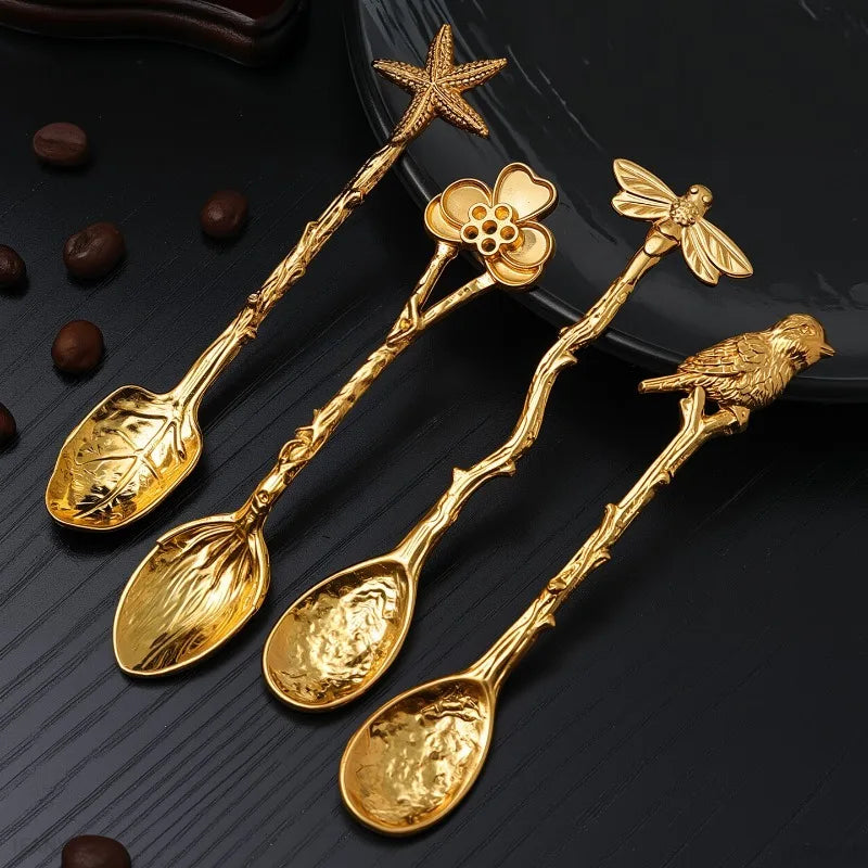 Retro Metal Coffee Spoon Dragonfly Branches Leaves Shape