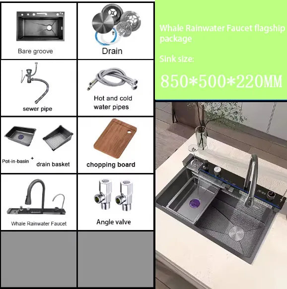 304 Stainless Steel Waterfall Sink Digital Display Large
