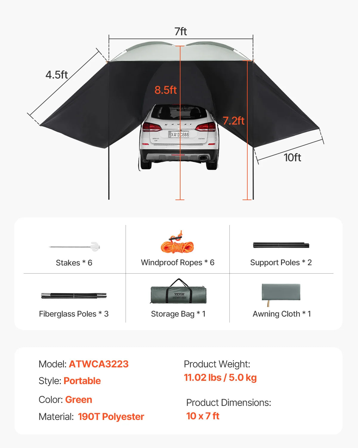 Succebuy Vehicle Awning Retractable Car Side Awning Car