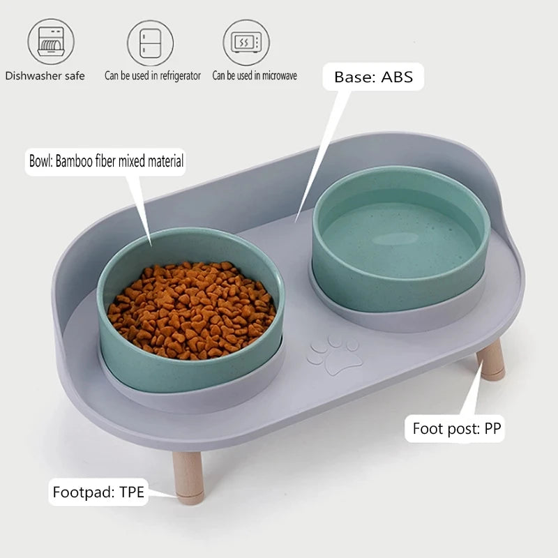 Cat Double Bowl Safety Wood Stand Silicone Mat