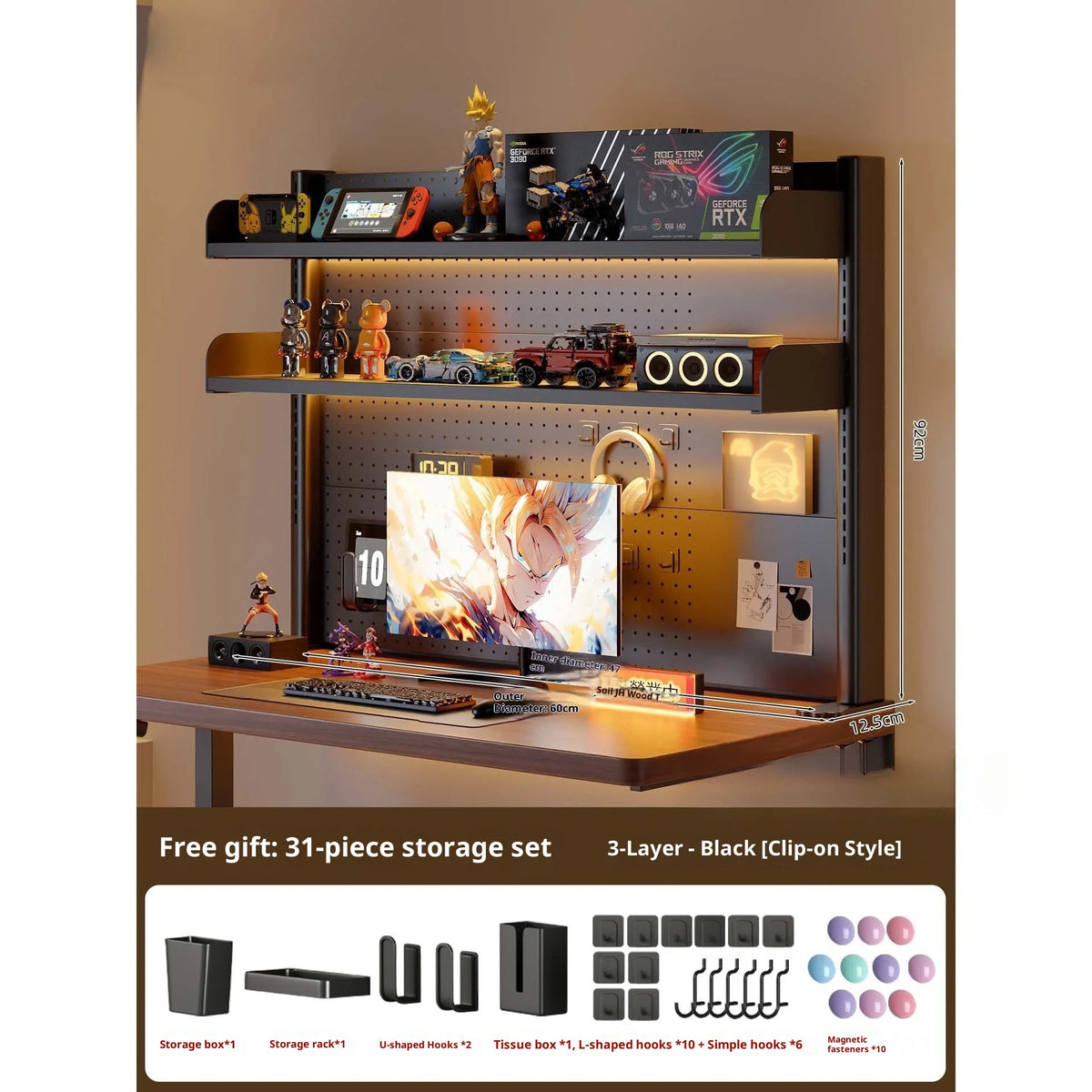 Clamp On Desk Shelf Pegboard Adjustable 2/3 Tier